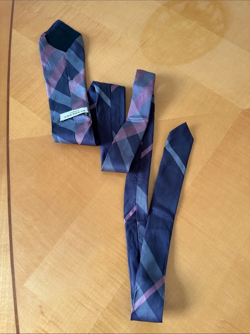 Burberry Navy Plaid Silk Tie with Blue and Purple Accents